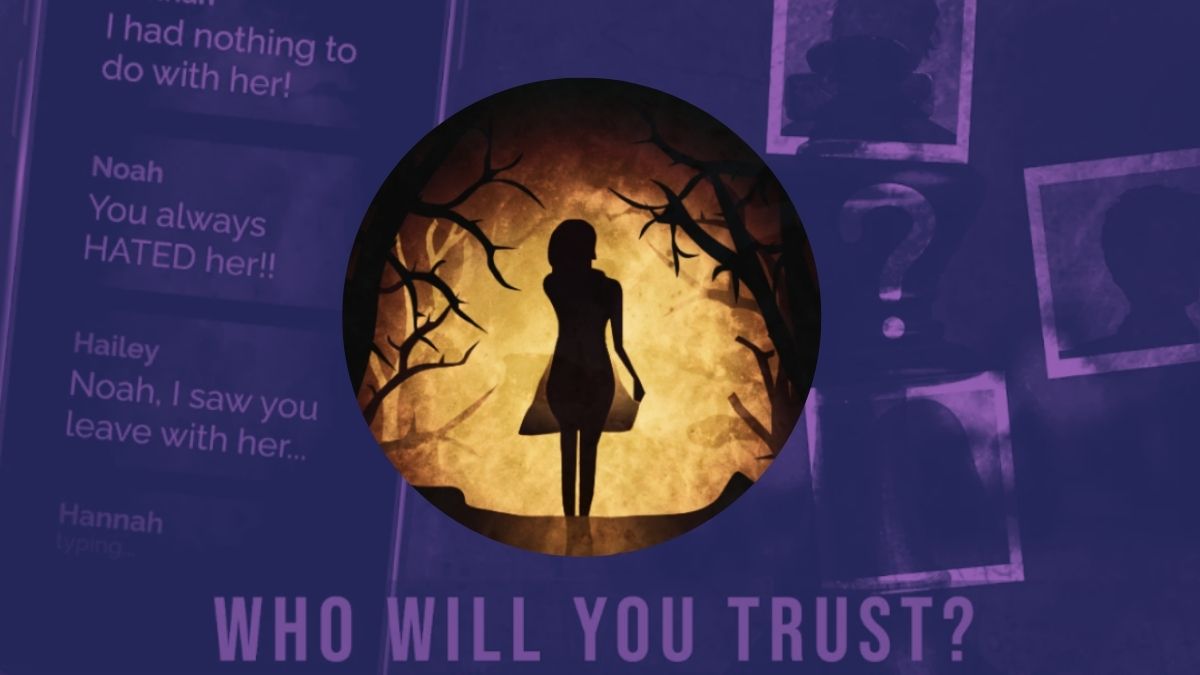 A dark silhouette of a young woman stands in a fiery, ominous forest, centered within a circular frame. To the left, a smartphone screen displays text messages between Hannah, Noah, and Hailey regarding a past event. To the right, shadowy figures are visible within framed images, with a large question mark over one. The text "WHO WILL YOU TRUST?" is at the bottom.