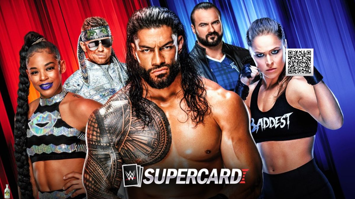 Official WWE SuperCard mobile game artwork featuring prominent WWE Superstars Roman Reigns, Bianca Belair, The Miz, Drew McIntyre, and Ronda Rousey, with a small QR code for rewards.