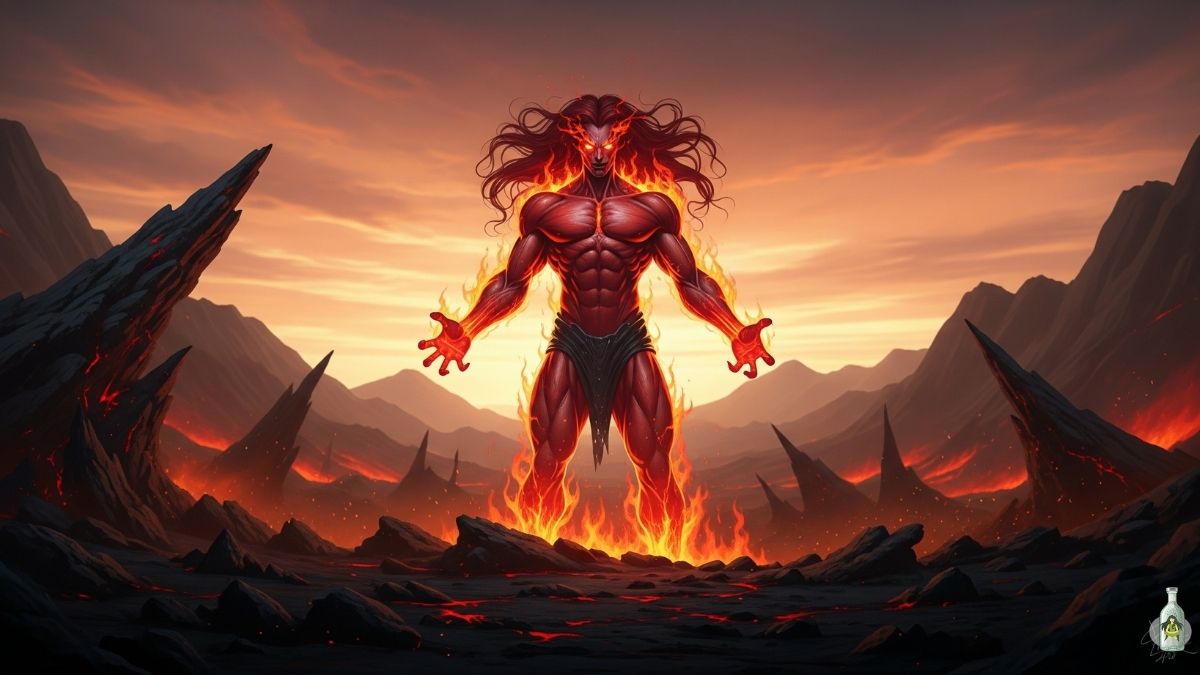"A muscular, red-skinned demonic figure with fiery hair and glowing eyes, radiating heat, standing on a cracked, volcanic landscape under a fiery orange sky, representing an ifrit."