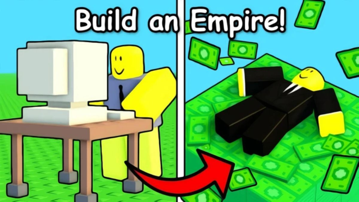 Build a Scam Empire Roblox game banner where a Roblox character sits on its computer and makes money in the next segment