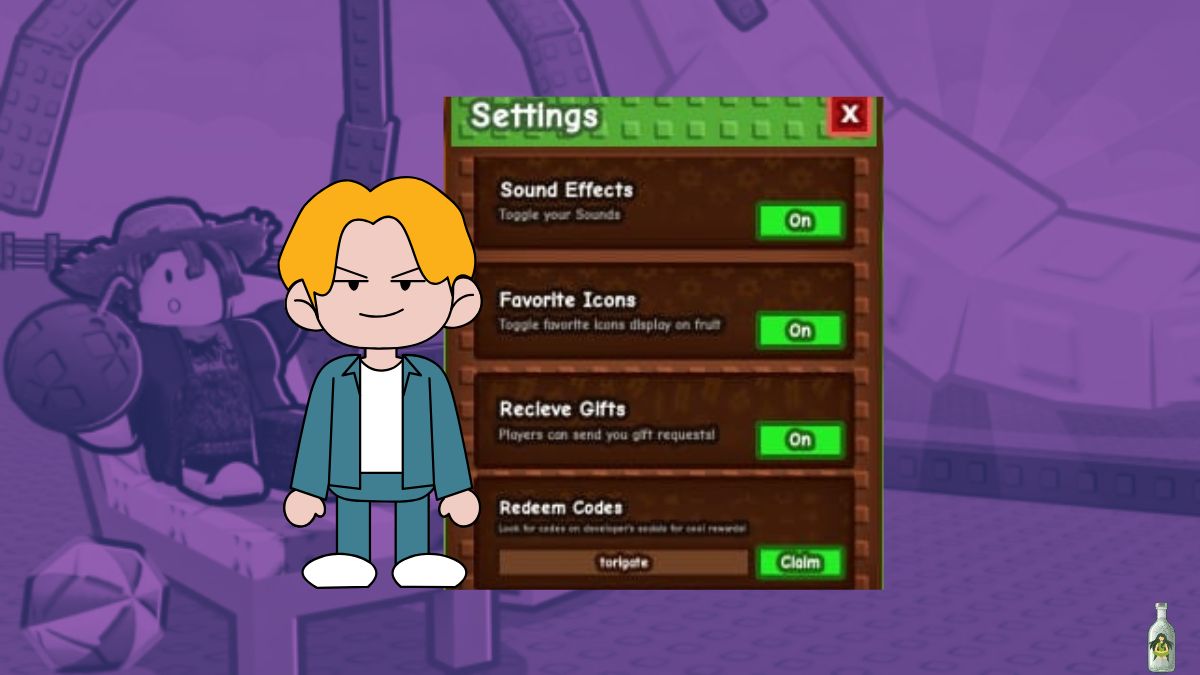 A close-up screenshot of the "Settings" menu in the Roblox game "Grow a Garden," superimposed with a cartoon character featuring blonde hair and a blue and purple outfit. The menu shows options for "Sound Effects," "Favorite Icons," "Receive Gifts," and a "Redeem Codes" section with an input field and a "Claim" button.