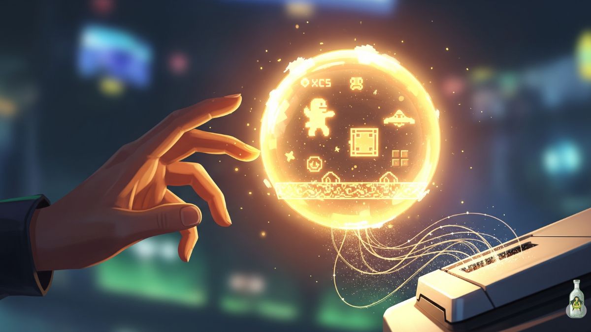 A human hand reaches out to touch a glowing, spherical hologram displaying various pixelated classic video game elements like characters, blocks, and items, representing the allure of nostalgia in gaming.