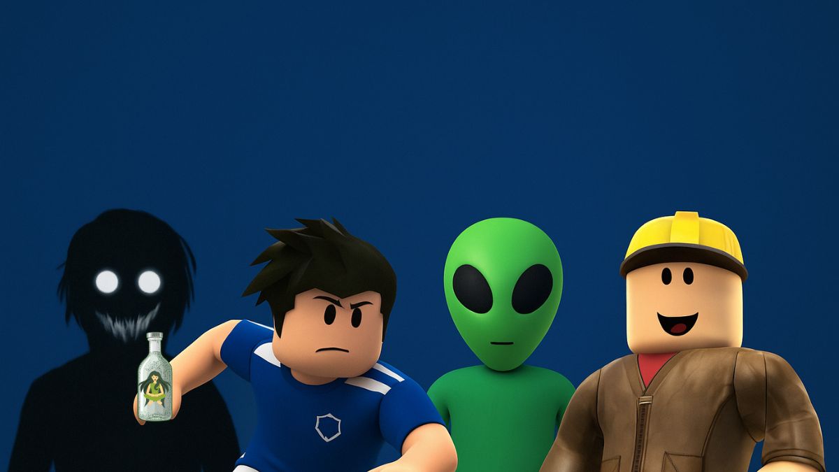 Four Roblox-style characters standing against a dark blue background. From left to right: a shadowy figure with glowing white eyes, a character in a blue soccer uniform holding a bottle, a green alien, and a character in a brown jacket and yellow hard hat.