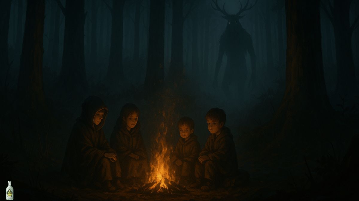 Four children in dark, hooded cloaks sit huddled around a small, brightly burning campfire in a dark, misty forest. In the shadowy background, a large, silhouetted figure with antlers and glowing eyes, resembling the Deer Monster, stands observing them from a distance.