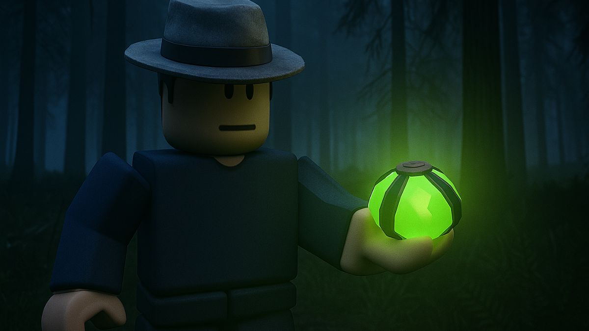A Roblox-style character in a fedora holds a glowing green "Gem of the Forest" in a dark, misty forest setting, illustrating a key crafting material in 99 Nights in the Forest.