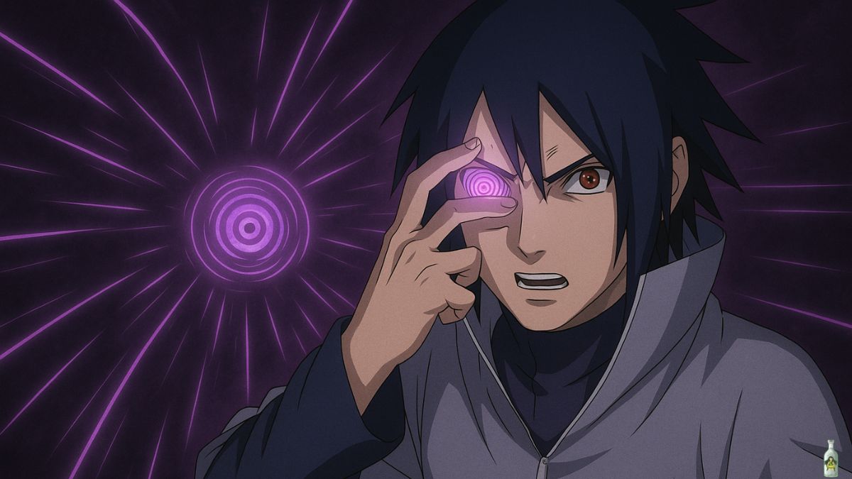 Sasuke Uchiha with a Rinnegan eye and a focused expression, surrounded by purple swirling chakra.