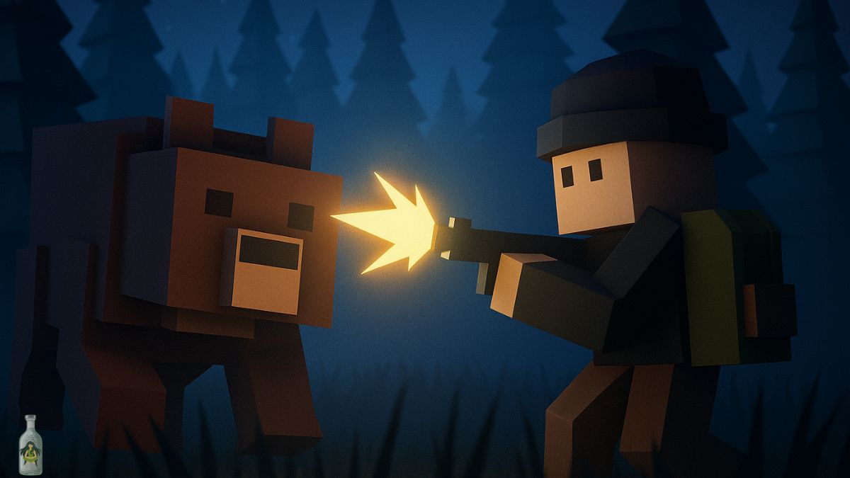A blocky character in "99 Nights in the Forest" aiming a rifle and firing a bright yellow shot at a large brown blocky bear at night, set against a dark forest background.
