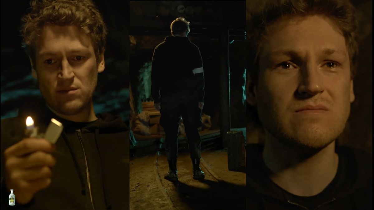 A triptych showing Richy from Duskwood: on the left, he holds a lit lighter; in the center, his back is to the camera in a dark setting; on the right, a close-up of his distressed face.