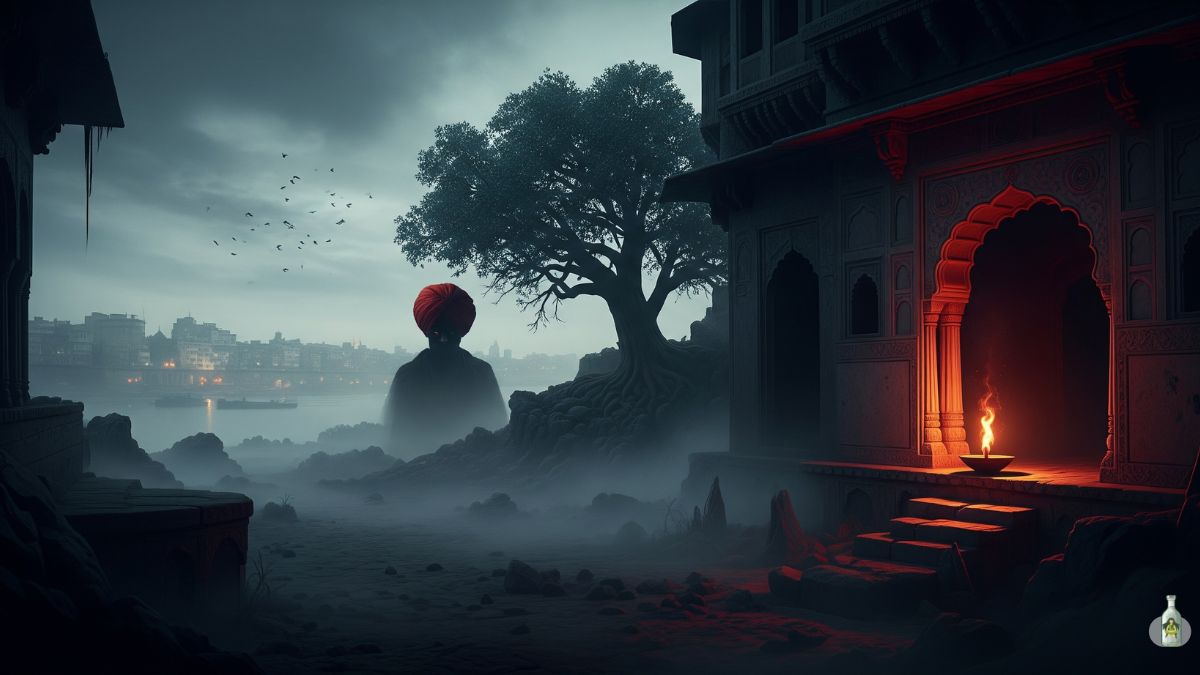 Mysterious Indian urban legend cover art featuring an old building with a glowing archway, a solitary figure with a red turban, and a large tree in a foggy, eerie landscape.