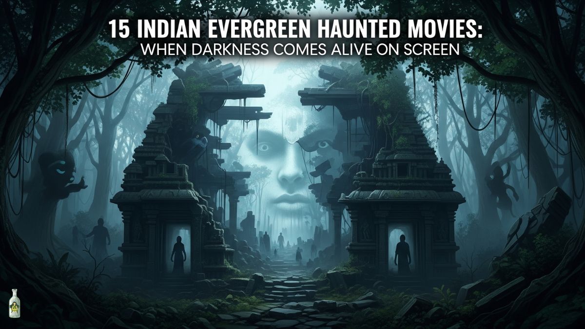 Dark and eerie forest with ancient temple ruins and a ghostly face, title "15 INDIAN EVERGREEN HAUNTED MOVIES".