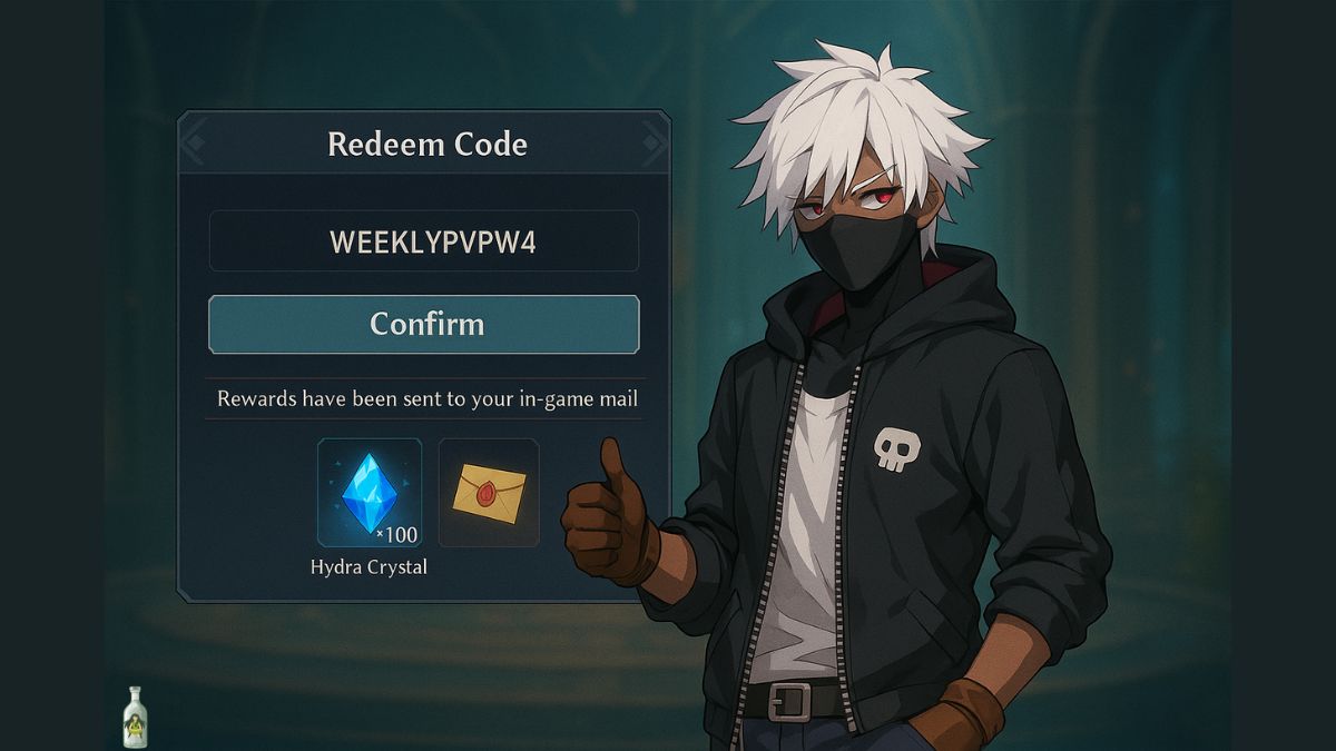 An image representation of the mobile game Etheria: Restart showing a male anime character with white hair and a face mask giving a thumbs-up next to the code redemption screen, which displays the successful redemption of the code "WEEKLYPVPW4" for 100 Hydra Crystals.