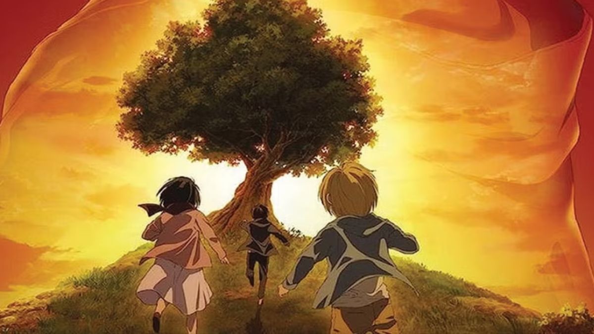 Three young children, Eren, Mikasa, and Armin, run towards a large, glowing tree on a hill at sunset, symbolizing their childhood dreams and the beginning of their journey in Attack on Titan.