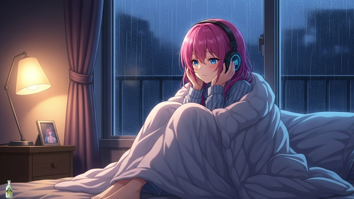 Anime girl with pink hair wearing headphones, wrapped in a blanket, and listening to music by a rainy window, embodying the emotional power of anime OSTs.