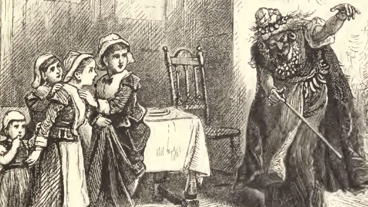 Vintage illustration depicting a group of children or young women looking alarmed at a menacing, cloaked figure resembling a witch, in what appears to be a colonial home setting.