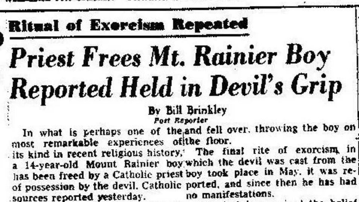 A 1949 newspaper clipping from The Washington Post with the headline "Priest Frees Mt. Rainier Boy Reported Held in Devil's Grip," reporting on the exorcism of a 14-year-old boy, Ronald Hunkeler (Roland Doe).
