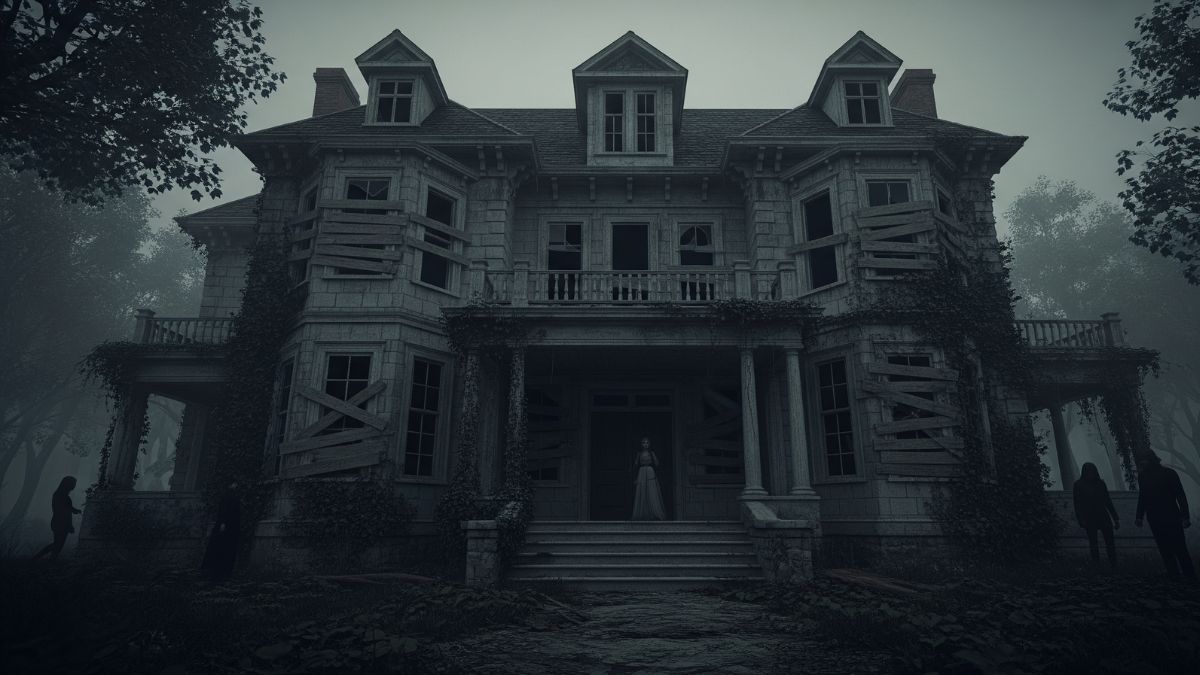 A dark and eerie old mansion with boarded-up windows and an overgrown yard, shrouded in mist, representing a classic haunted house perfect for a horror story cover.