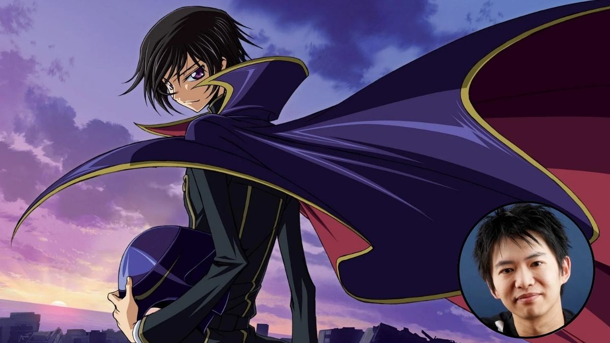 Lelouch Lamperouge in his Zero attire with his cape flowing dramatically against a sunset backdrop, holding his Zero helmet. In the bottom right corner is a circular inset of Ichirō Ōkouchi.