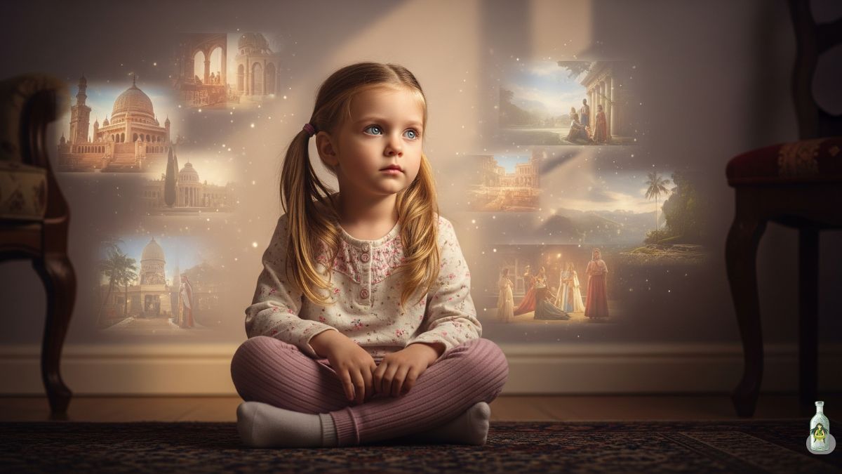 A young girl with pigtails sits on a rug, looking thoughtfully into the distance. Around her, glowing images of historical buildings and people in traditional attire float, suggesting visions or memories.