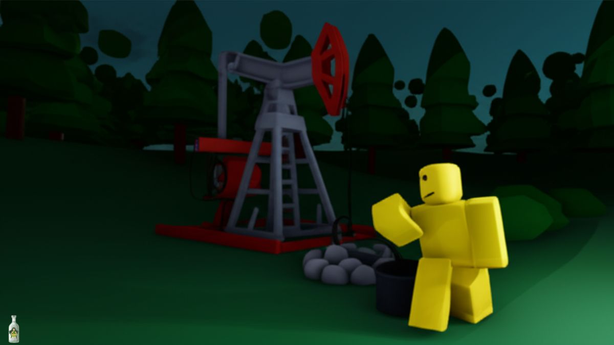 A fan made illustration of "99 Nights in the Forest" showing a player's character, a yellow figure, next to a newly placed oil drill at night. The drill, colored red and gray, is set up in a grassy clearing surrounded by dark green trees. A small campfire with stones is visible near the player, who is holding a black bucket. This image illustrates the "using the oil drill" section of the guide.