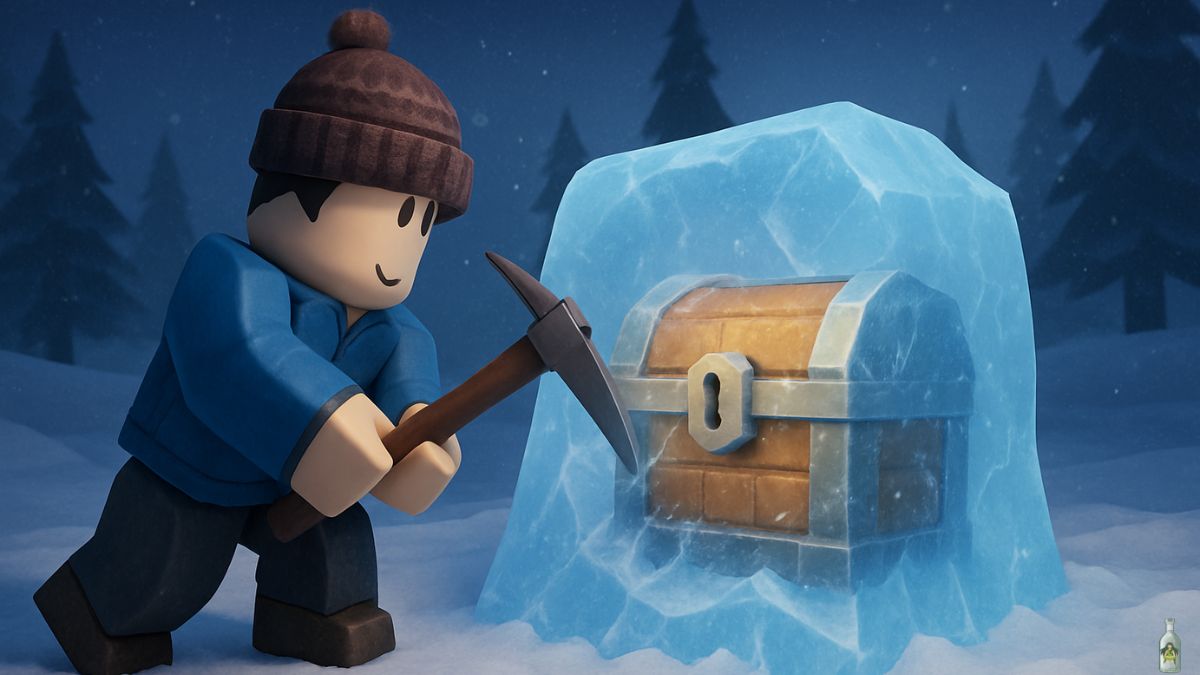 A Roblox-style player character in a brown beanie and blue jacket uses a pickaxe to break a large block of ice, revealing a wooden treasure chest trapped inside. The background is a snowy forest at night.