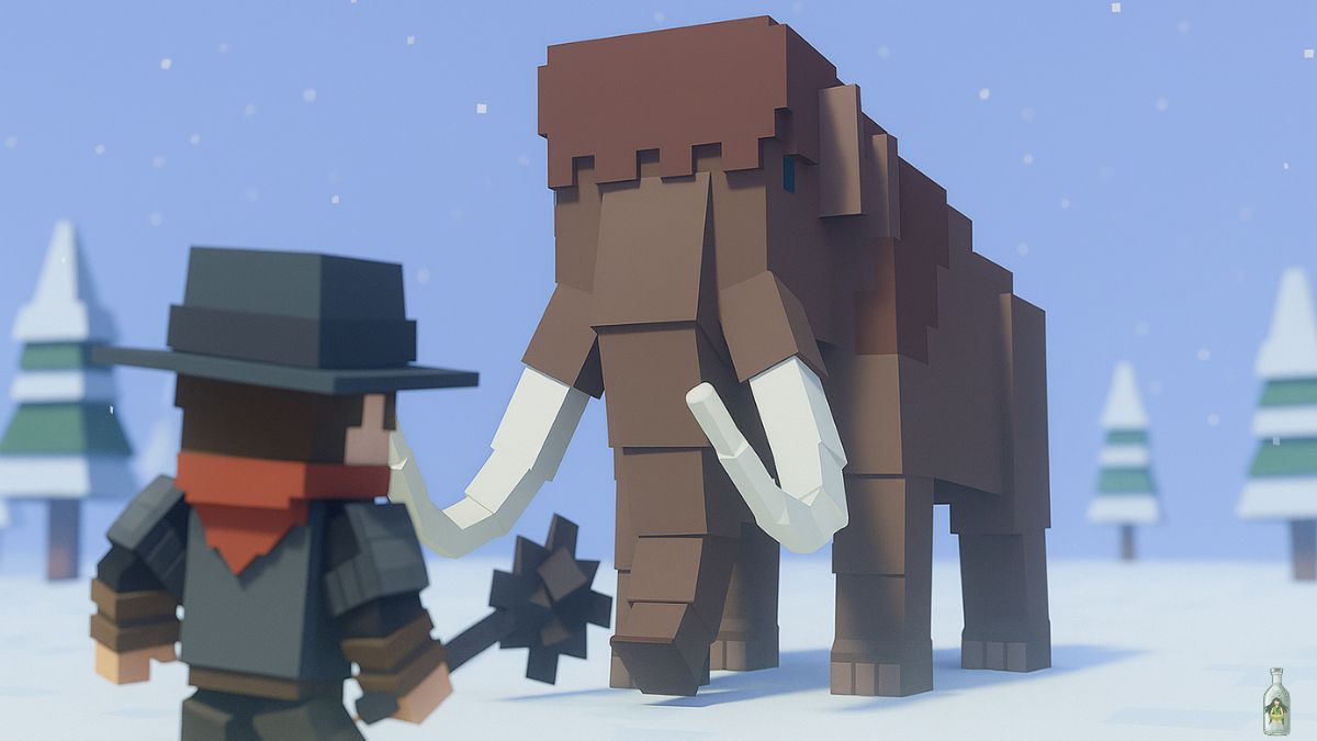 A player character in a cowboy hat faces a giant, pixelated mammoth with large tusks in a snowy, blocky world. The player holds a mace-like weapon, ready to attack the massive creature.
