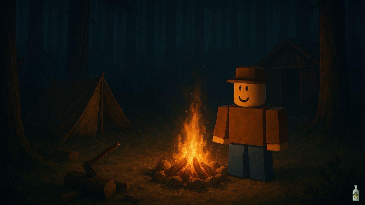 A Roblox character stands next to a campfire in a dark, stylized forest, with a tent and a small wooden cabin visible in the background. The character wears a brown shirt and hat with blue pants, and a warm glow from the fire illuminates the scene.