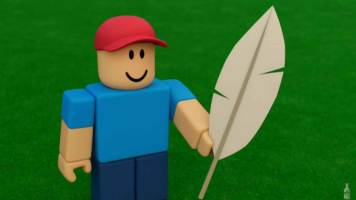 A 3D render of a Roblox character with a smiley face and a red cap, holding a large, white owl feather on a green grass background.