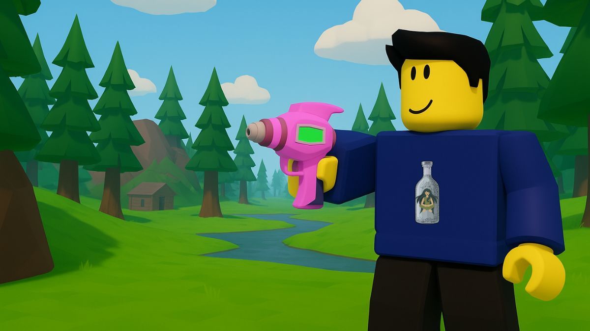 A happy yellow Lego-style character holding a pink and yellow futuristic ray gun in a bright green forest landscape. A small cabin and stream are visible in the background.