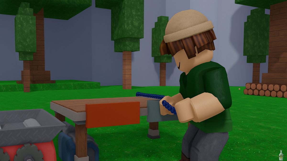 A Roblox-style character, wearing a green shirt and a beige beanie, crafts a weapon or tool at a simple wooden workbench in a forest. The scene features blocky trees, representing the crafting mechanics of "99 Nights in the Forest."
