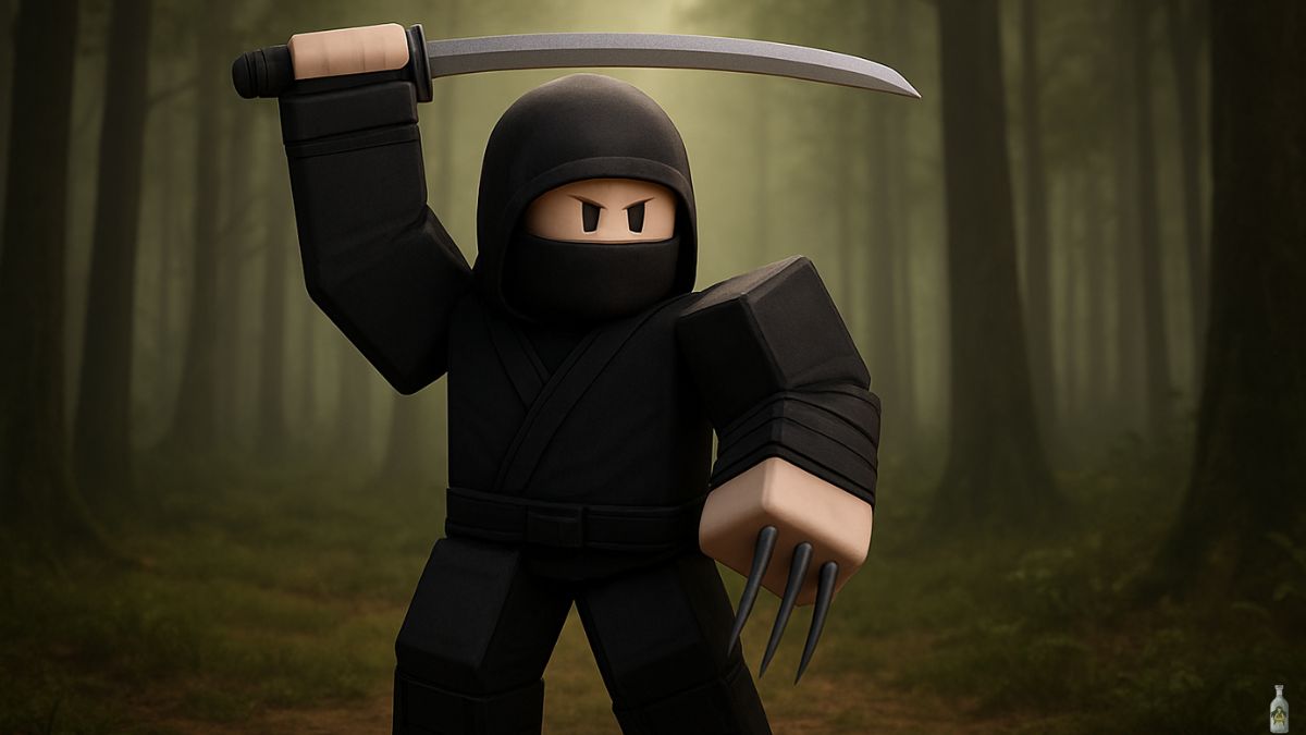 A Roblox-style ninja character in a black gi and hood, wielding a katana sword above its head. The character also has claws on its left hand, with a misty forest background, representing a combat-ready pose in "99 Nights in the Forest."