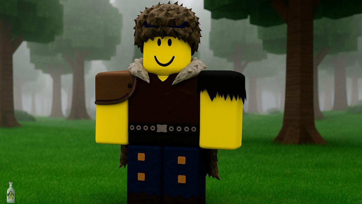 A close-up, front-facing shot of a Roblox character, the Pelt Trader. He wears a fur-trimmed hat and cape over a brown shirt with a belt, and blue pants with a starry pattern. His face is a simple yellow smiley face. He is standing in a misty, green forest.