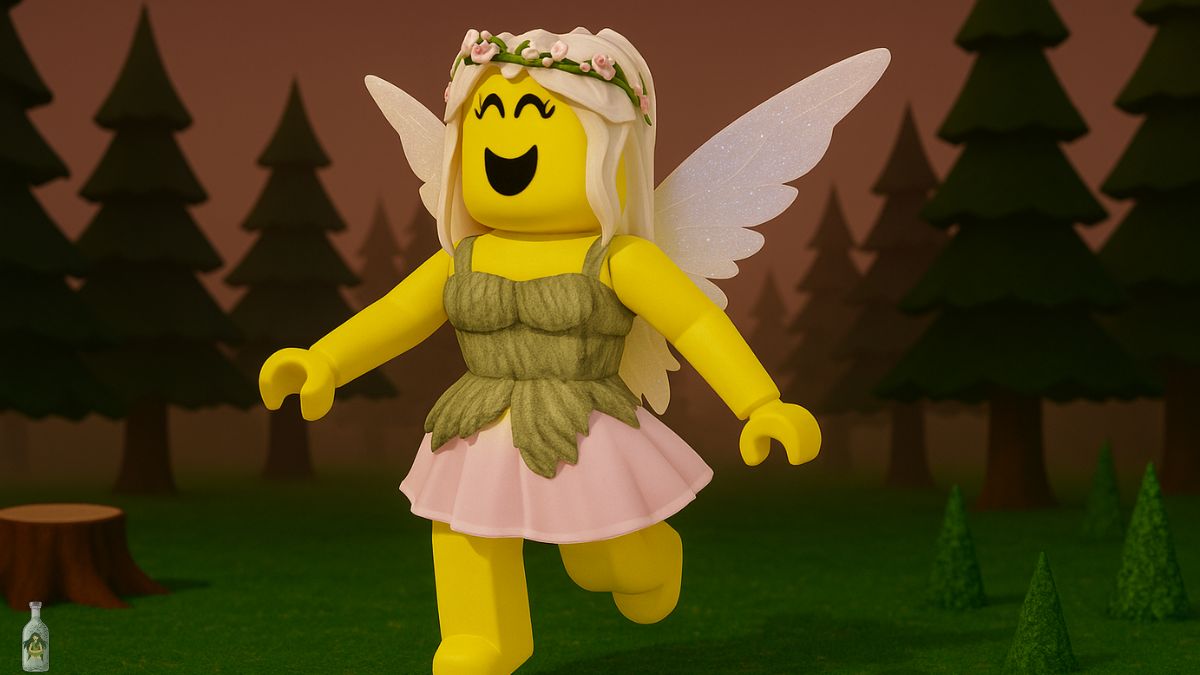 A 3D render of a female Roblox character dressed as a Fairy, with sparkling wings, a floral crown, a mossy green top, and a pink skirt, walking in a dark forest setting with pine trees and a tree stump.