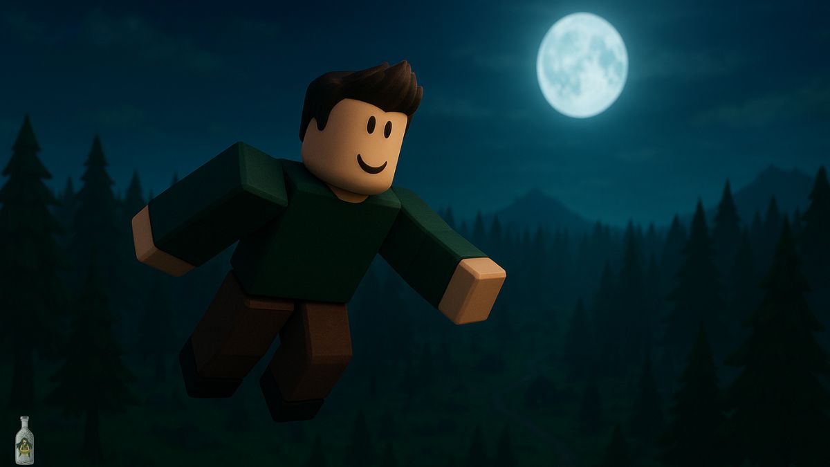 A 3D render of a male Roblox character with a brown crew cut, a dark green long-sleeved shirt, and dark brown pants, levitating against a dark blue night sky with a full moon and silhouetted trees and mountains in the background.