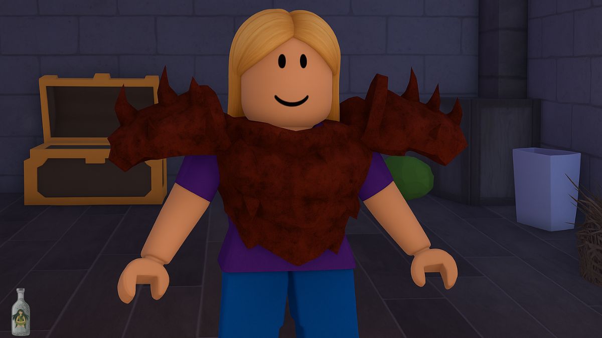 A Roblox character wearing the Thorn Body armor, a chest piece with spiked shoulders, standing in a dungeon-like room.