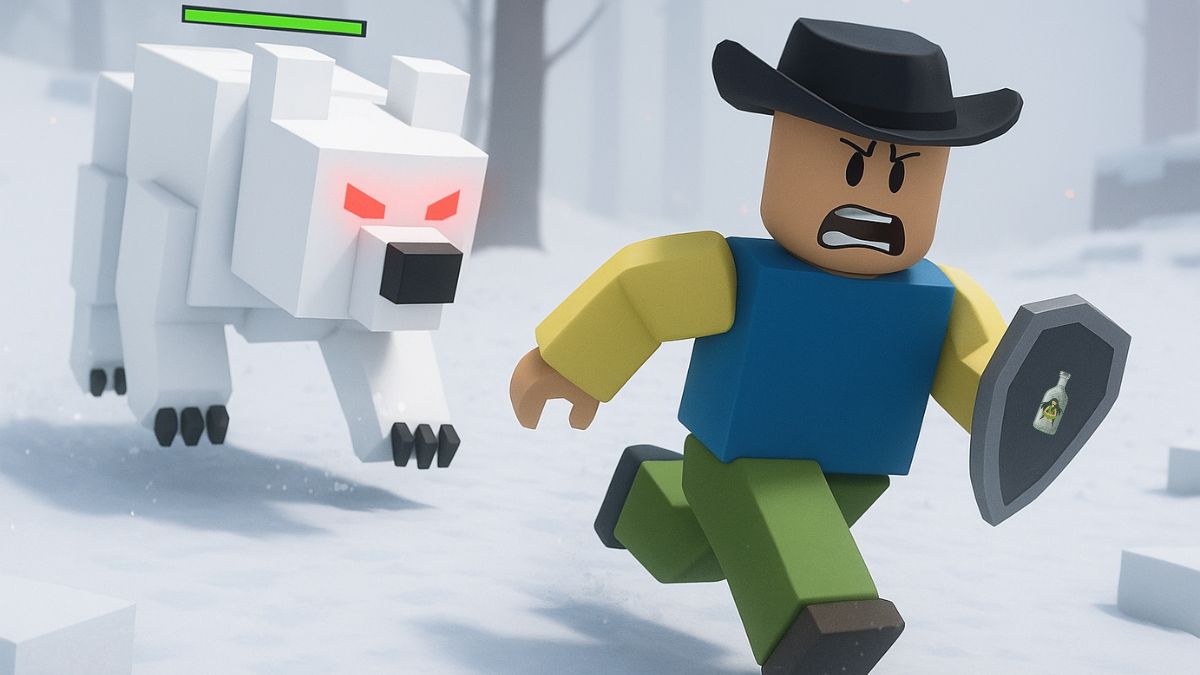 A player character in the Roblox game "99 Nights in the Forest" runs from a hostile, glowing-eyed Polar Bear in a snowy forest. The player holds a shield with a bottle icon, representing a survival item.