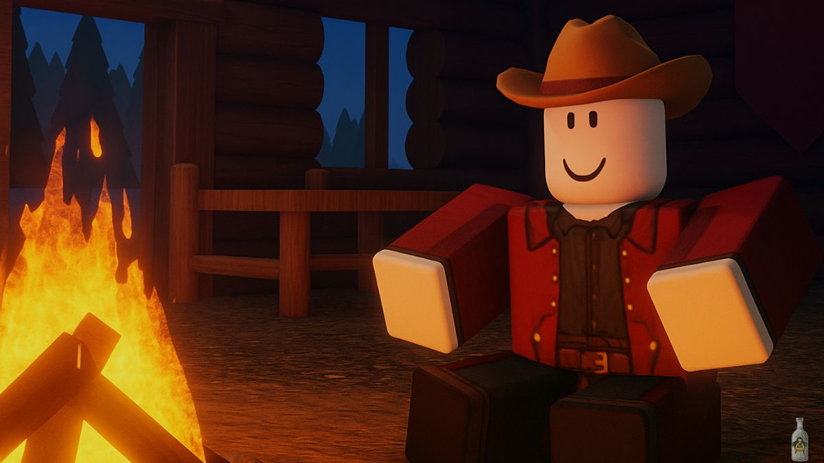 A Roblox character wearing a cowboy hat and a red jacket, sitting by a campfire at night in a forest setting. The character's face shows a friendly smile.