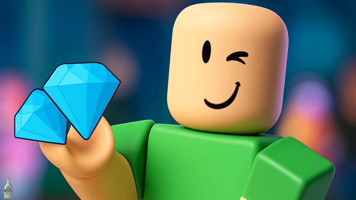 A close-up shot of a 3D Roblox character avatar with a winking face, holding two bright, shining blue diamond-shaped gems in its hand, set against a blurry, colorful background.