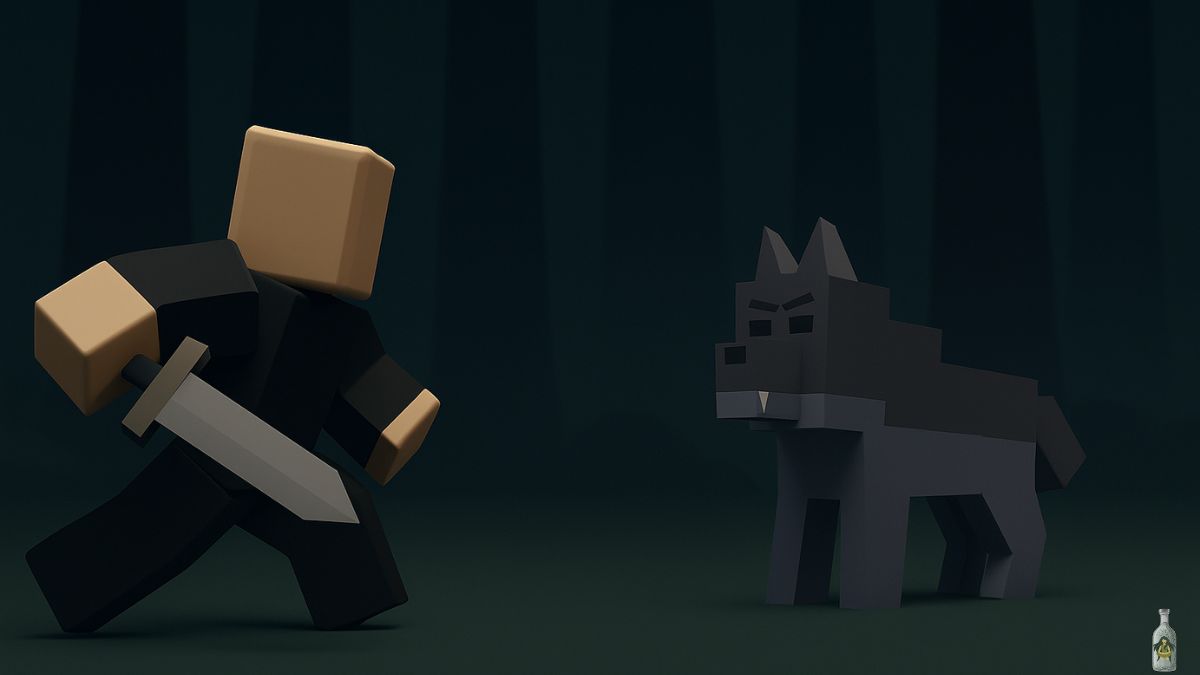 A blocky, low-poly rendering of a player character dressed in black, holding a sword and facing off against a dark gray Alpha Wolf. The wolf has menacing, narrow eyes and fangs, and the scene is set in a dark, stylized forest.