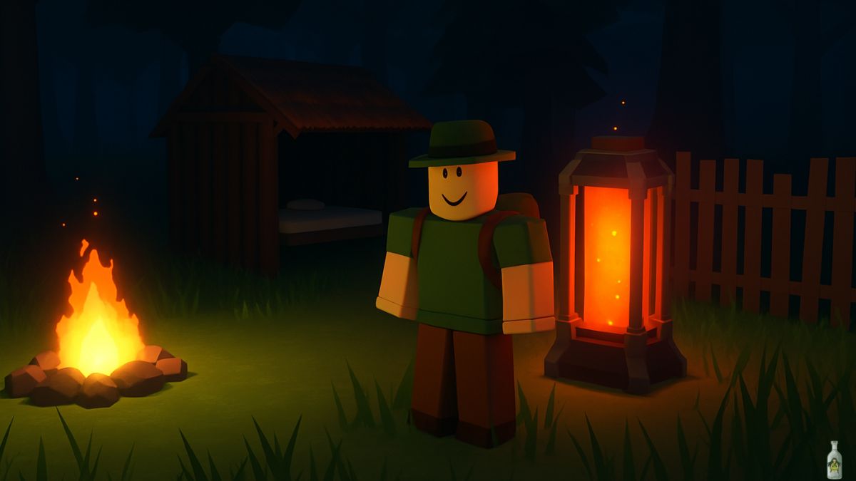 A 3D Fanart of the Roblox game 99 Nights in the Forest, showing a blocky character with a smiling face, green shirt, and a hat standing in a dark forest setting. Beside the character is a glowing orange lantern and a campfire, with a small wooden shelter in the background.