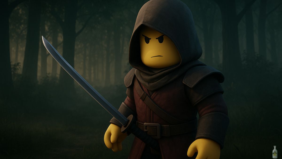 A 3D render of a Roblox-style character dressed as an assassin, holding a katana sword in a dark, mysterious forest. The character wears a dark hood and a maroon tunic, with a serious, determined expression.