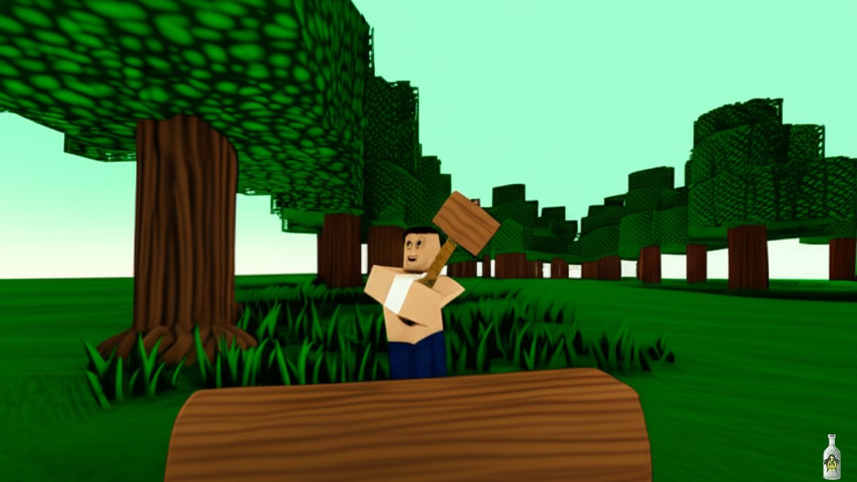 A player character in the Roblox game "99 Nights in the Forest" stands in a green, blocky forest, holding a wooden hammer. They are positioned in front of a cut log, ready to use the tool for building or redecorating their base.