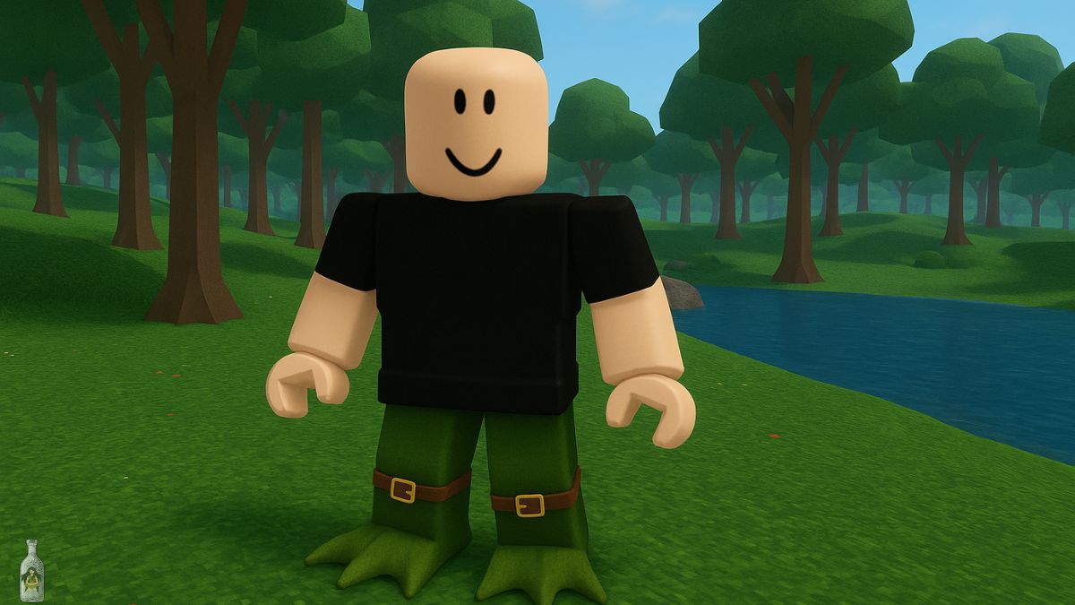 A 3D render of a male Roblox character with a black t-shirt, tan skin, and a smiling face, wearing distinct dark green boots with webbed toes. The character stands in a grassy clearing next to a blue river, with a forest of stylized brown trees in the background.
