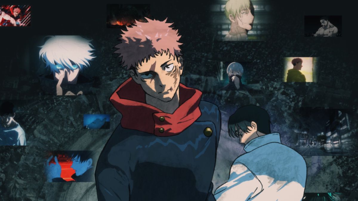 An anime still showing the character Yuji Itadori, with pink hair and a serious expression, in the foreground. Another character, Megumi Fushiguro, is standing with his back to the viewer in the bottom right. The background is a collage of multiple smaller images depicting other characters and scenes, including Satoru Gojo, Kento Nanami, and Nobara Kugisaki, from the "Jujutsu Kaisen" anime series. This image represents key characters and events from the Shibuya Incident Arc, which is likely to be adapted in the upcoming "Jujutsu Kaisen" Season 3, a highly anticipated release in the United States and globally.