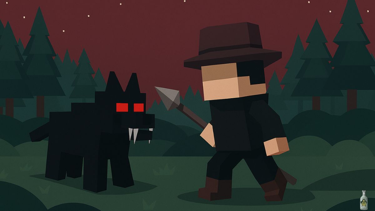 A player character wearing a hat and holding a spear, ready to fight a menacing black Alpha Wolf with glowing red eyes. The scene is set at night in a forest with tall, dark trees in the background.