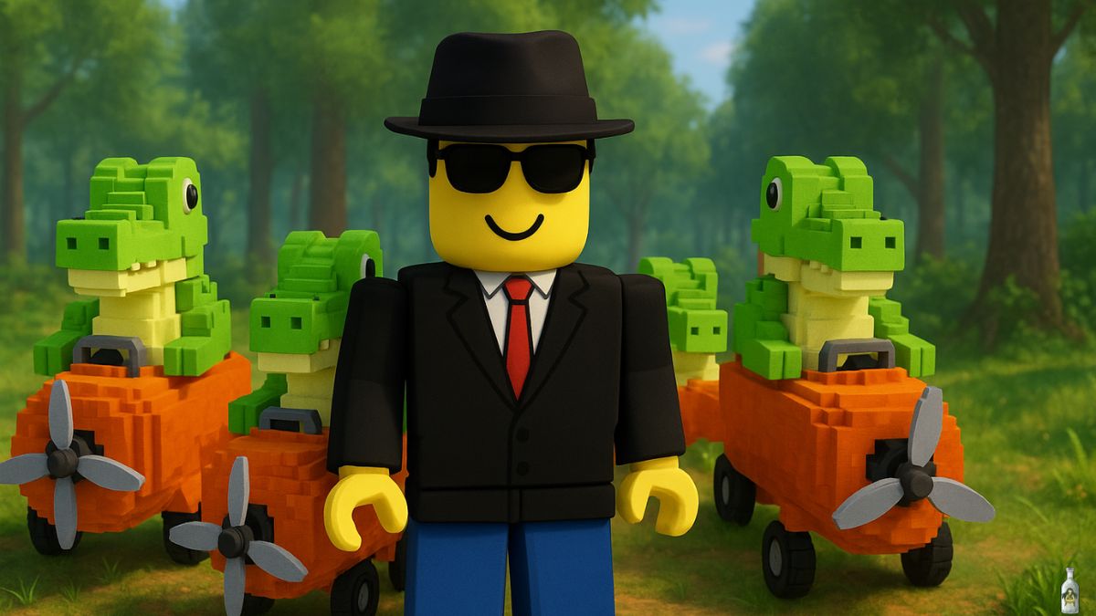 A 3D render of a Lego-style character wearing a black suit, fedora, and sunglasses, standing in a lush green forest. Behind him, three tiny, green Lego crocodiles are shown, each piloting a bright orange toy jet. The scene is brightly lit, with a blurry background of trees and foliage.