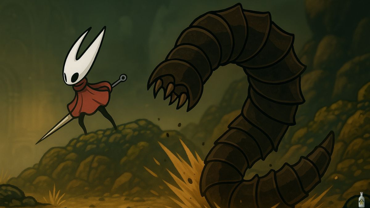 A fan-made illustration from the game Hollow Knight: Silksong showing the protagonist, Hornet, with her needle and thread, facing off against a large, menacing Sandcarver creature emerging from the ground.