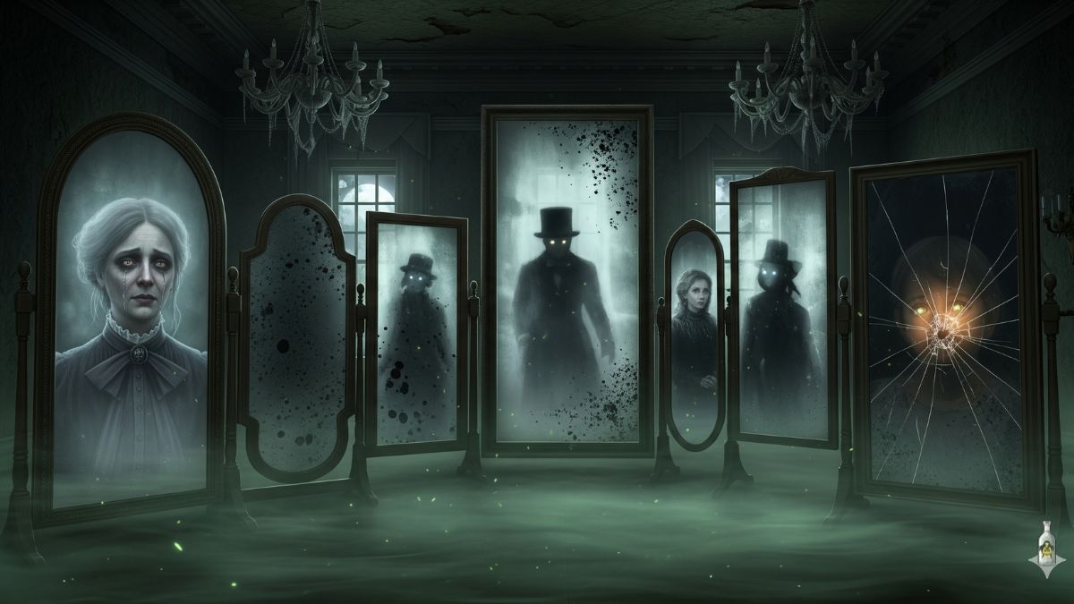 A ghostly figure of a crying woman, a top-hatted man, and other spectral figures appear in a collection of antique mirrors, with one mirror showing a cracked reflection and glowing eyes.
