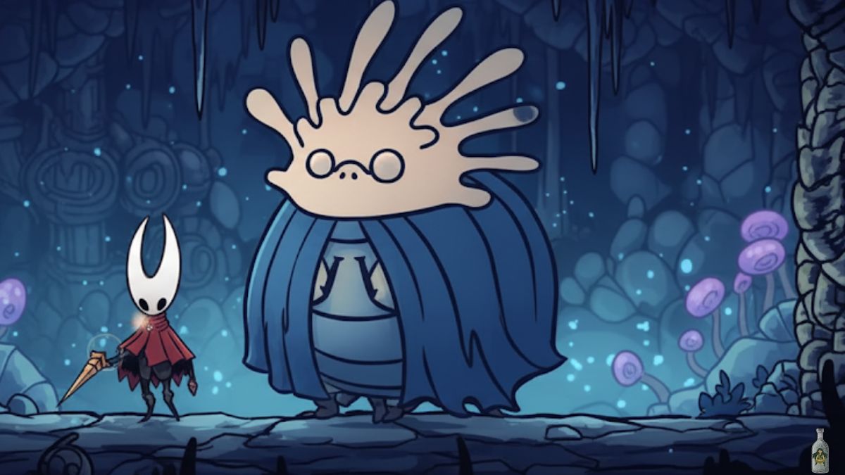 A close-up shot of the character Hornet, a small knight-like figure in red, standing next to a large, cloaked alchemist with a unique, hand-shaped headpiece from the video game Hollow Knight: Silksong.