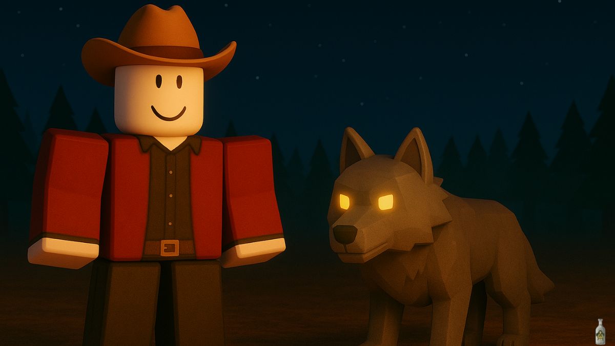 A 3D render of a Roblox character, a Gambler class avatar, wearing a red jacket and cowboy hat, standing next to a stylized, glowing-eyed wolf in a dark forest at night. A campfire is visible off-screen, and the night sky is filled with stars.