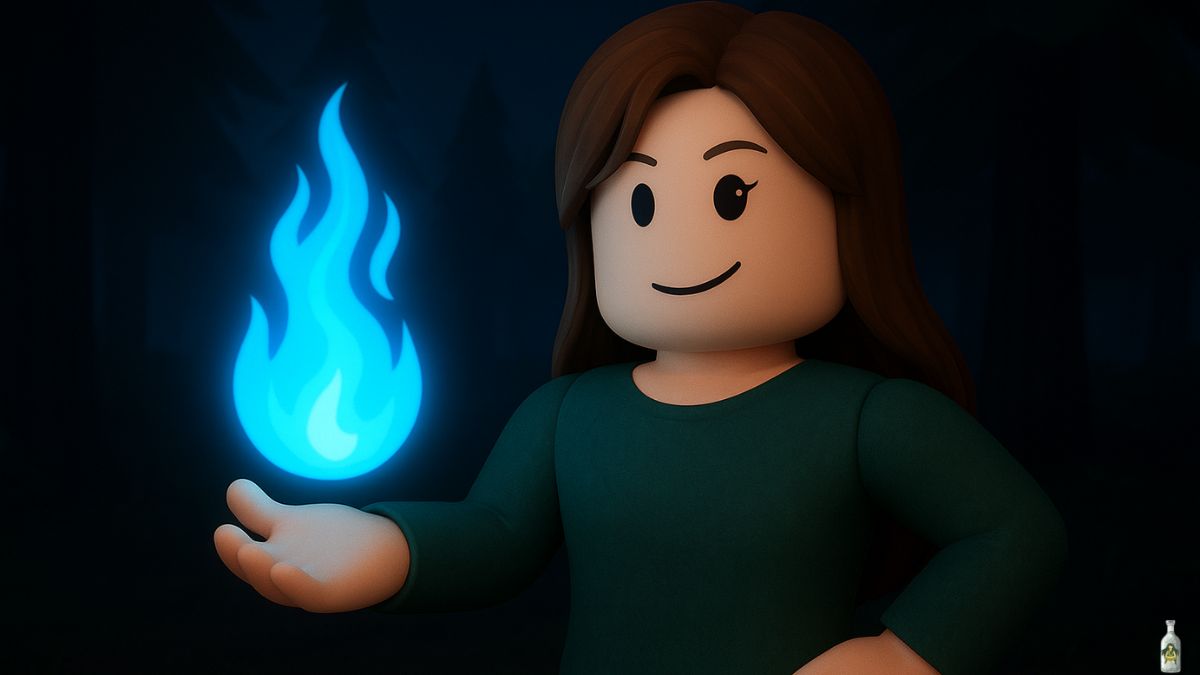 A close-up shot of a Roblox character with long brown hair, wearing a green shirt, holding a glowing blue flame in their outstretched hand against a dark background. The character has a slight smile.